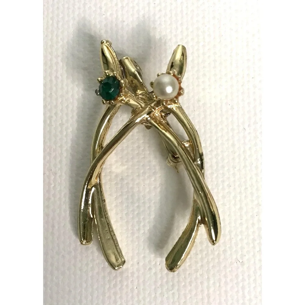 Vintage Double Wishbone Gold Tone Brooch Faux Pearl Green Rhinestone Quiet Lux